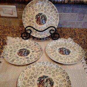 (4) Royal China Plate Warranted 22k French Garden Gold 7 3/8" Man Courting Lady